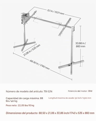 Miniatura 7 de Vevor Asador Giratorio Eléctrico 8 Niveles De Altura, Capacidad De Carga De 40 Kg, Motor De 38 W, Acabado En Acero Inoxidable, Rotación Suave De 360 , Parrilla Para Fiestas, Acampadas, Barbacoas
