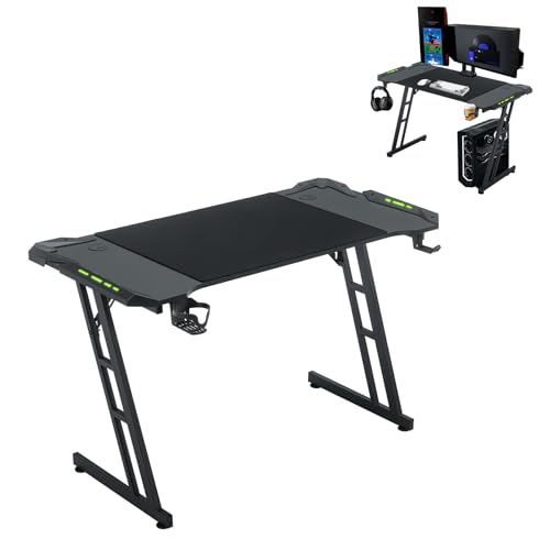 ACXIN Mesa de juegos con LED, escritorio para ordenador con gancho para auriculares y soporte para bebidas, construcción en forma de Z, diseño ergonómico, escritorio para juegos de fibra de carbono
