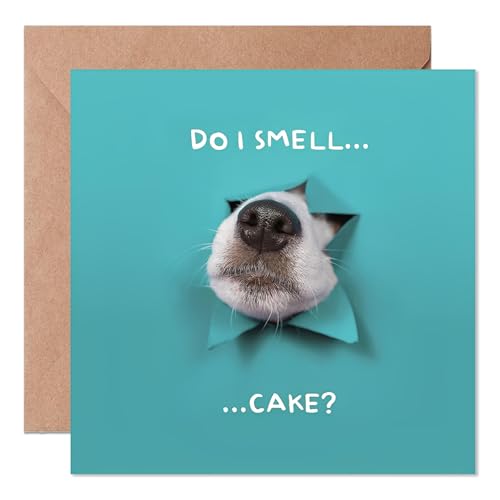 Funny Dog Birthday Card with Envelope - Do I Smell Cake? Humorous Themed Birthday Card for dog lovers Cute Puppy Peeking Greeting Card for Mum Dad Friend Blank Inside with Envelope