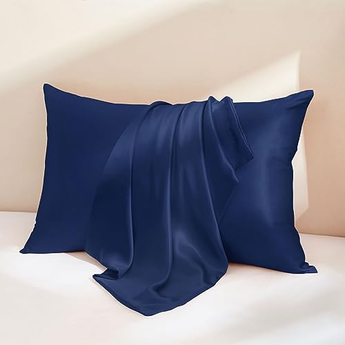 Image of THXSILK 100% Pure Mulberry Silk Pillowcase for Hair and Skin, 30 Momme, 6A+ Grade Silk Pillow Case Queen Size 20 inchx30 inch, Real Silk Pillowcase with Zipper, Anti Aging Acne Free (Navy Blue)