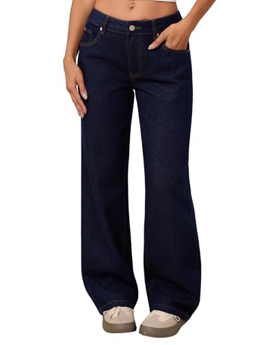 Wanduyini Low Rise Baggy Jeans for Women Y2K Vintage Wide Leg Loose Fit Straight Denim Pants Casual Trousers (Indigo Blue,M)