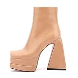 woileRQ Damen Square Toe Side Zipper Ankle Boots,Heeled Booties,Vintage Chunky High Heel Combat Boots,Wedding Party Dress High Heels,Apricot,34