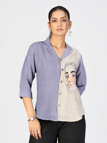 Image of Makhhi Wear Trendy Women's Sea Green & Beige Sketch Embroidered Casual Shirt for Women
