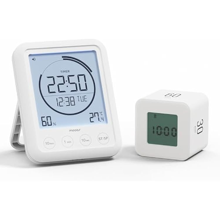 mooas Visual Timer Clock + Multi Cube Timer (White) - Waterproof Digital Shower Clock, Large Backlit Display, Countdown Timer, Rotating Timer for Cooking Kitchen & Bathroom, Work Desk Timer