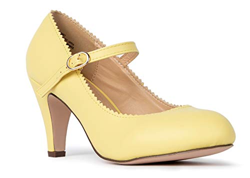Mary Jane Kitten Heels, Vintage Retro Scallop Round Toe Shoe With An Adjustable Strap, 8.5 B(M) US, Lemon PU
