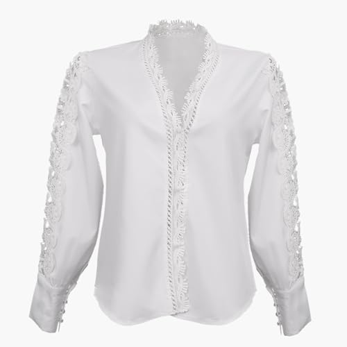 Satohom Chemise en dentelle à manches longues pour femme Chemisier en coton décontracté Chemises amples Tunique col en V T-shirt à manches creuses Bouton...