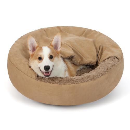 Mengelina Small Dog Bed with Hooded Blanket - Washable Puppy Bed with Cover, Cozy Cave Dog Bed for Small Dog Cat, Donut Pet Bed with with Non-Slip Bottom (Brown, Medium)