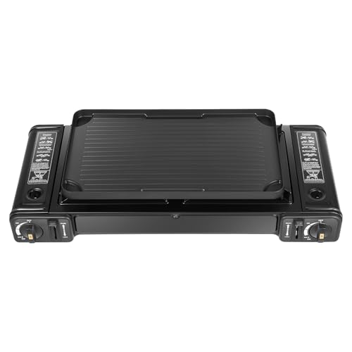 ROGONPDK 2 Flammig Campingkocher, Tragbarer Camping Grill Gas Stove, Outdoor Camping Gas Kocher, Grillplatte Tischgrill Koffer, Aluminium Tischgrill GasHerd, für Grillpartys auf der Terrasse