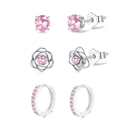 Juego de 3 pares de aretes de tuerca de plata de ley para múltiples piercings, aretes de aro pequeños para cartílago y rosa con circonita cúbica para mujeres, adolescentes y niños, 10mm (Hoop), 9mm