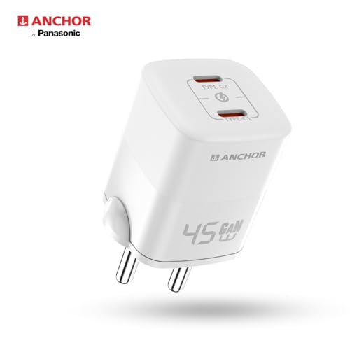 Image of Anchor by Panasonic Type C Dual Port 45W GaN Fast Wall Charger, Compact Travel Adapter with Short Circuit Protection, High Speed Charging for Samsung, iPhone, Headphone, Camera