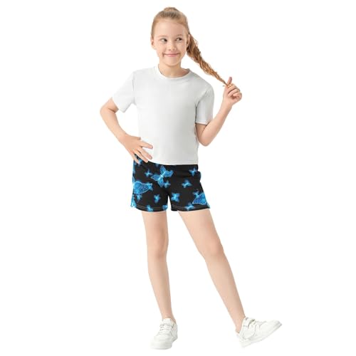 Girls Glowing Blue Butterflies Black Cute Athletic Summer Pajama Sleepwear Youth Comfy Casual Pattern Print, X-Small2