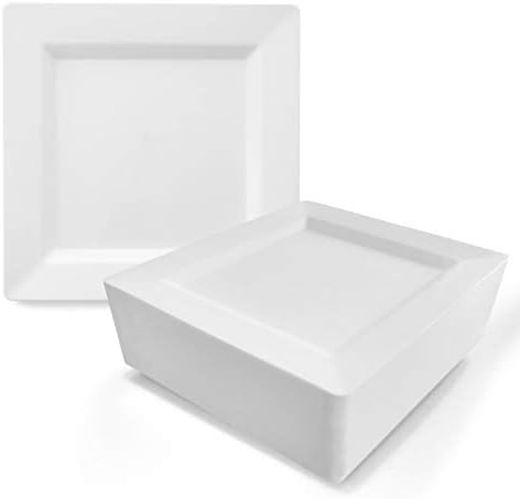 Oasis Creations White Square Plates Set 10" - 50 count - Premium Hard White Disposable Plastic - Disposable and Reusable - Salad Plate - Appetizer Plate - Dinner Plate - Party Plate Set