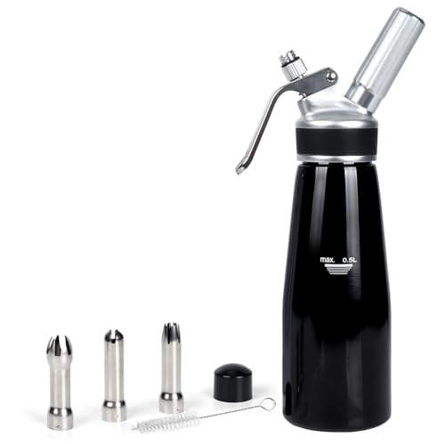 VIGIND Whipped Cream Dispenser, 500ml Cream Whipper Whipped Cream Canister,Sturdy Aluminum Whipped Cream Maker with 3 Decorating Nozzles,Leak Resistant,Use Standard 8 Gram N2O Chargers (Not Included) by VIGIND - Used condition - US$23.78