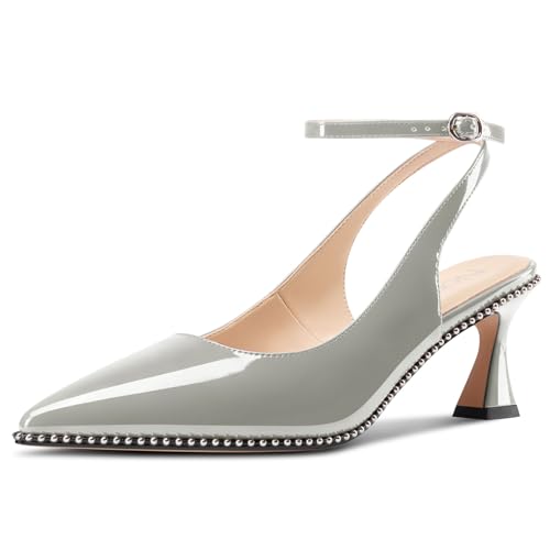 Image of NobleOnly Womens Slingback Heels Beaded Pumps Ankle Strap Pointed Toe Kitten Heels Dress Shoes 2.6 Inches