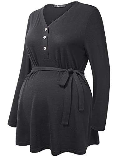 Quinee Maternity Shirts, Pregnancy Clothes for Women Long Sleeve V Neck Loose Fitting Button Decor Knitted Winter Work Lounge Casual Tunic Top with Waist Tie Belt Black M