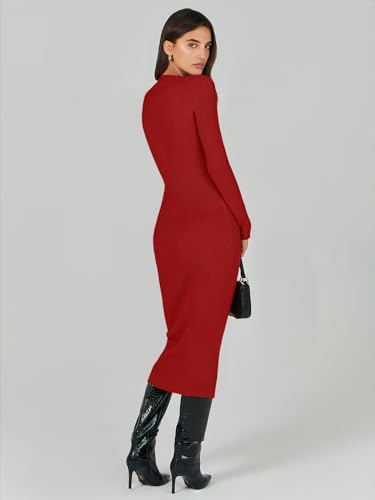 Image of ANRABESS Women Long Sleeve Sweater Dress Crewneck Bodycon Stretch Slim Fit Ribbed Knit Midi Dresses 2025 Fall Trendy Outfits Red Medium