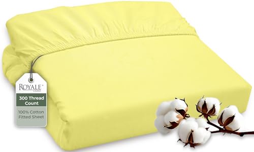 Image of ROYALE LINENS 300 Thread Count 100% Long Staple Combed Cotton Fitted Sheet Queen - Super Soft Deep Pocket Bottom Sheet - Fitted Sheets Only - Elastic Sheets (Queen, Yellow)
