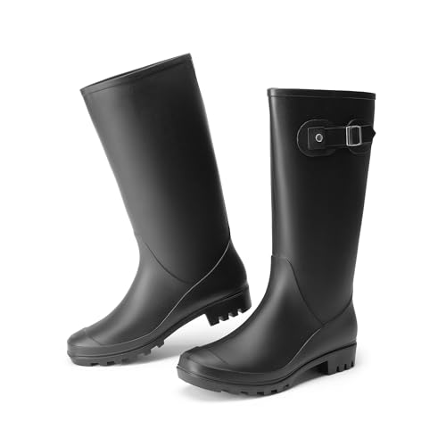 DREAM PAIRS Kniehohe Damen Regenstiefel mit seitlicher Schnalle Gummistiefel damen,Size 39,Schwarz,DWEMRB2503