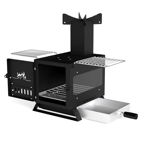 GOPLUS Estufa de Leña de Sobremesa Portátil, Quemador de Calefacción con Rejilla para Ollas, Bandeja de Horno de Acero Inoxidable y 2 Parrillas, al Aire Libre con Ventana de Cristal