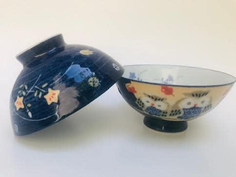 2 Pc Japanese Blue Owl Pair/branch Rice Bowl Set Includes 2 Bowls