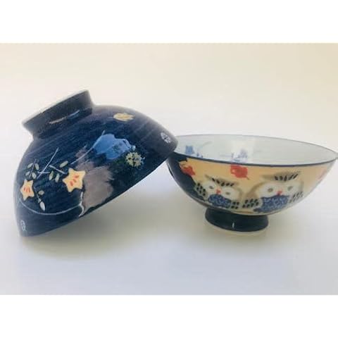 123kotobukijapanstore 2 Pc Japanese Blue Owl Pair/Branch Rice Bowl Set Includes 2 Bowls Cover