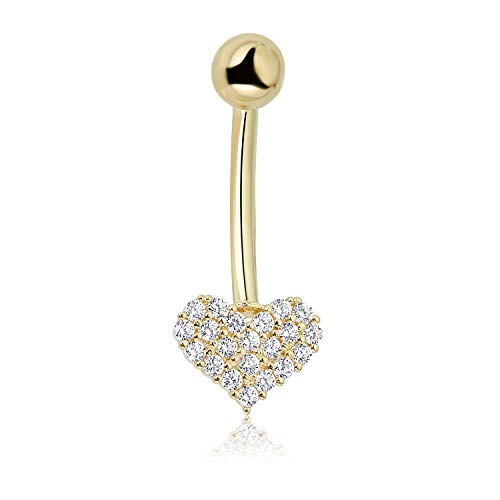 Avora 10K Yellow Gold Simulated Diamond Cz Pave Heart Belly Button Ring Body Jewelry (14 Gauge) #TOP30