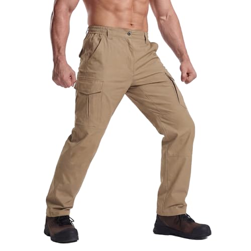 LOOGU Men's Water Resistant Tactical Pants, Ripstop Cargo Pants with 8 Pockets Hiking Work Outdoor 36W x 32L Khaki