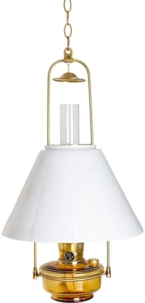Aladdin Brass Hanging Oil Lamp for Homesteaders or Emergencies, Amber Regency Genie III Chandelier with Opal Lamp Shade, Amber Glass Bowl with Brass Burner