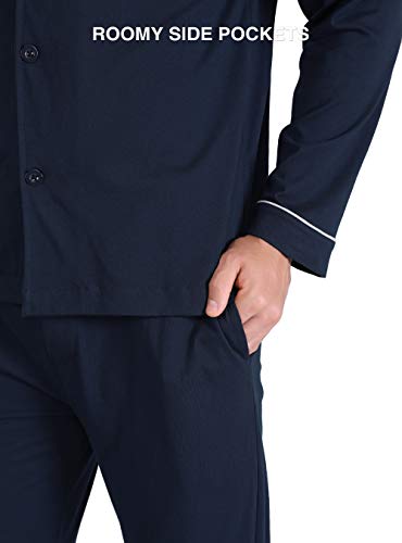 David Archy Men's 100% Cotton Long Button-Down Sleepwear Pajama Set (L, Navy Blue) #TOP1