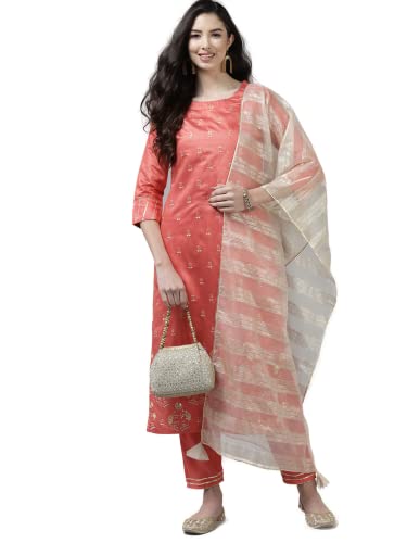 Image of INDO ERA Women's Embroidered Viscose Straight Kurta with Pant & Dupatta Set (Pink KH9PK9216 X-Large)