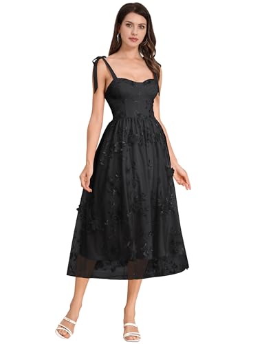 Spaghetti Strap Embroidered Floral Dress for Women Wedding Formal Tulle Prom Corset Dress Smocked Split Midi Tea Party Dress