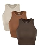 ODODOS 3-Pack Seamless Crop Tank for Women Ribbed Soft High Neck Cropped Tops, Brunette+Clay+Mushroom, X-Small/Small
