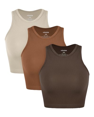 Image of ODODOS 3-Pack Seamless Crop Tank for Women Ribbed Soft High Neck Cropped Tops, Brunette+Clay+Mushroom, Medium /Large