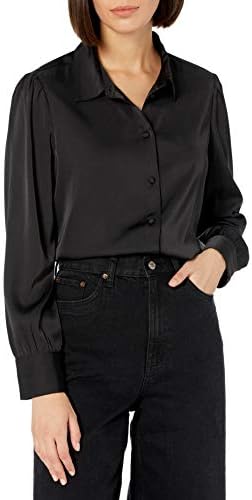 The Drop Women's @Lucyswhims Long-Sleeve Button Down Stretch Satin Shirt, Black, Medium