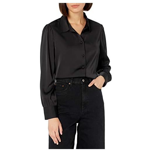 The Drop Women's @Lucyswhims Long-Sleeve Button Down Stretch Satin Shirt, Black, Medium