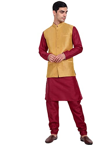 SKAVIJ Homme Indien Kurta Pyjama Polyester Casual et Festif Gilet Jacket Dress Set (Medium,Or)