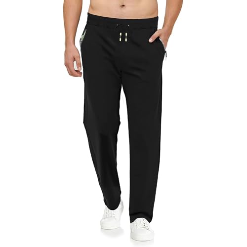 Tansozer Jogginghose Herren Ohne Bündchen mit reißverschluss Taschen Freizeit Baumwolle(Black L)