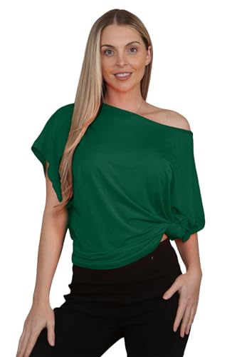 janisramone Womens Ladies New Plain Off Shoulder Tie Knot Front Short Sleeve Baggy Oversized Crop T-Shirt Top Bottle Green