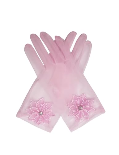 Womens Elegant Tulle Short Gloves Floral Diamond Tea Party Gloves for Opera Dinner Party Glove Pink