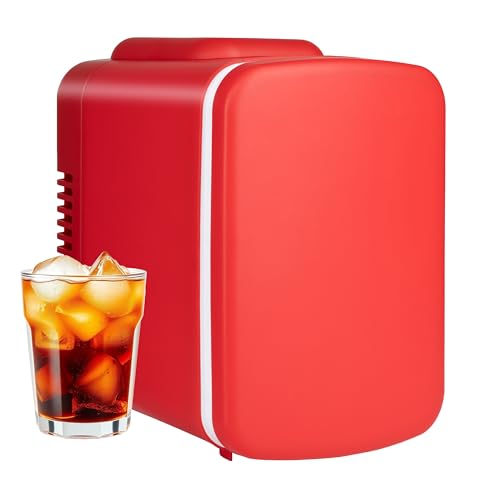 Image of InfiniPower Mini Fridge, 4 Liter/6 Can Portable Personal Small Refrigerator, Indoor&Outdoor Warmer and Cooler with 12V DC and 110V AC Cords, Red