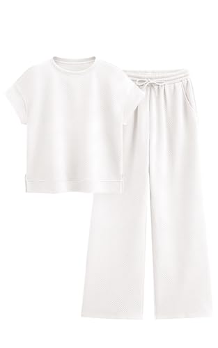 Image of PRETTYGARDEN 2 Piece Outfits For Women Casual Tracksuit Short Sleeve Tops And Wide Leg Long Pants Matching Lounge Sets