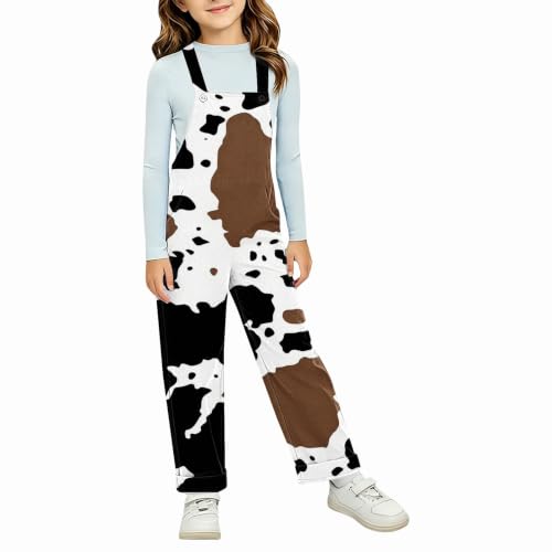 Teen Girl Cow Overalls Adjustable Straps Wide Leg Casual Jumpsuit Onesie