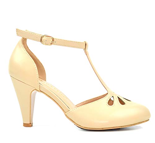 Chase & Chloe Kimmy-36 Women's Teardrop Cut Out T-Strap Mid Heel Dress Pumps (7, Nude PU)