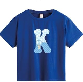 تيشرت قطن ازرق مزخرف بحروف (K) بتصميم زهور عتيقة للاولاد مقاس (6-9 سنوات)