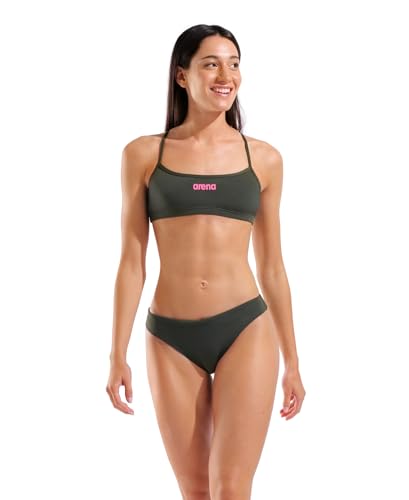 ARENA Performance Women's Solid Bandeau Bikini Durable Chlorine Proof Two-Piece Swimsuit Pool Athletic Swimwear Outdoor Training Practice Bathing Suit, Dark Sage Green/Shocking Pink, US Size 28