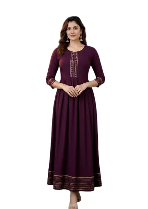 Raj Fashion Women's 3/4th Sleeves Round Neck Rayon Solid Calf Length Anarkali Ethnic Long Purple Wine Gown