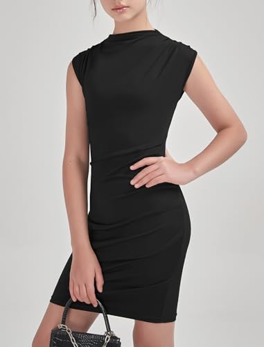EXARUS Teen Girls Mock Neck Bodycon Dress Ruched Tight Formal Slim Fit Party Mini Graduation Dance Sleeveless Dresses2