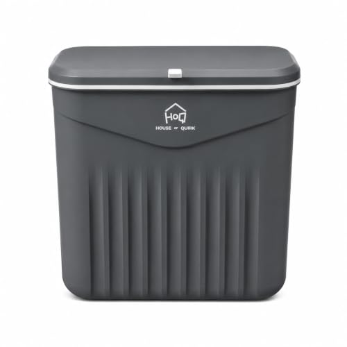 Image of House of Quirk 7L Hanging Kitchen Trash Can with Lid, Wall Mounted & Cabinet Door Waste Bin, Double-Sided Opening (Slate Grey)