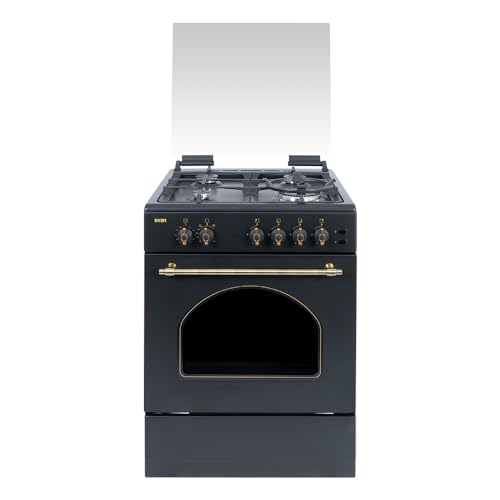 Svan Cocina Gas Butano 4 Zonas de Cocción, Horno 59 L, Rústico negro SKGW4600RN. Control Manual, Quemador WOK triple llama, 2 Programas de Cocción, Cristal en Puerta de Doble Capa, Tapa Abatible