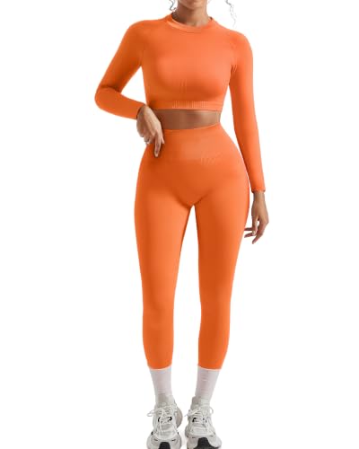 SUUKSESS Women 2 Piece Workout Sets Hidden Scrunch Hip Lifting Seamless Leggings Long Sleeve Yoga Crop Tops High Waisted Yoga Pants Tracksuits (Orange, L) — view 2